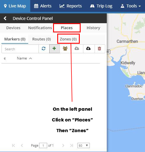 Geofence GPSLive control panel